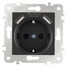 Розетка с заземлением и со шторкой и 2хusb, без рамки arte milano am-203 203.47-1.black